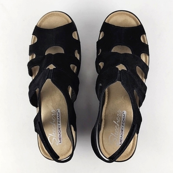 Skechers Women's Black Suede Wedge Platform Parallel Stylin Cutout Sandal Size 6 - Picture 5 of 16